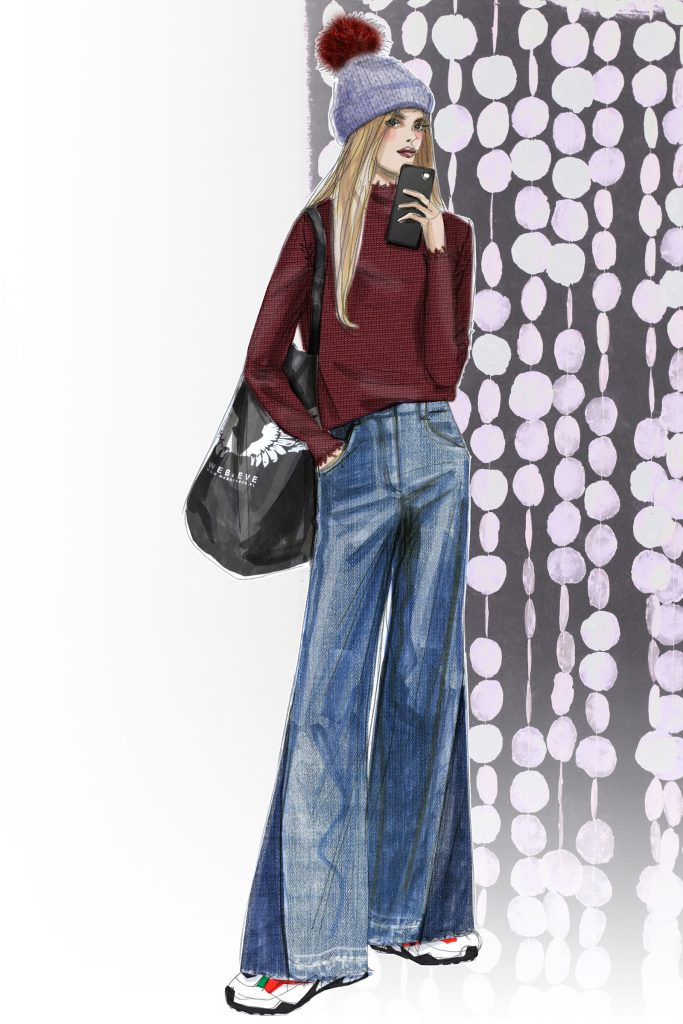Customized soul-jeans zonder stretch, ingezette punt van vintage jeans + cashwool turtleneck met raw edges in bruin
