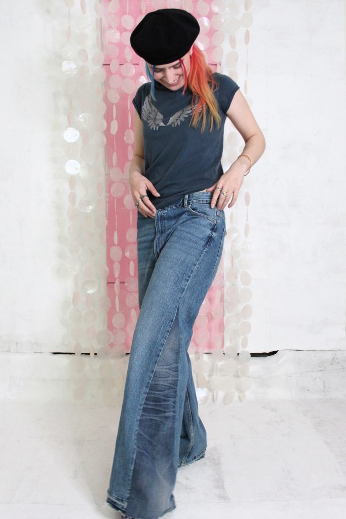 T shirt stonewash women met oud zilveren opdruk angelwing jeans blue + customized soul-jeans zonder stretch, ingezette punt van vintage jeans