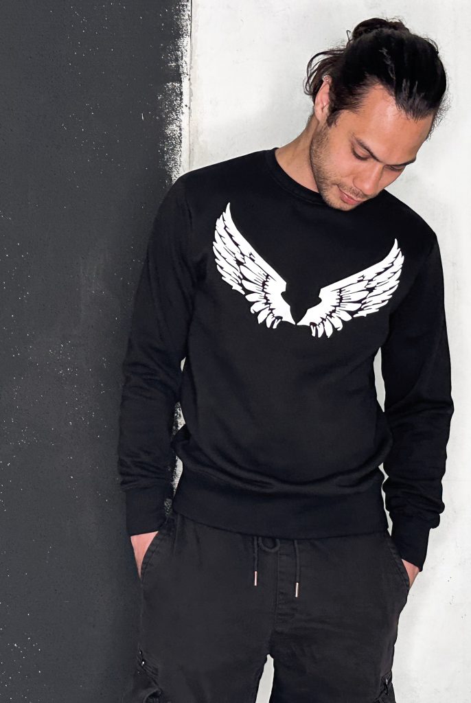 Crew-neck sweater zwart met off white opdruk Angelwing of vleugels, unisex
