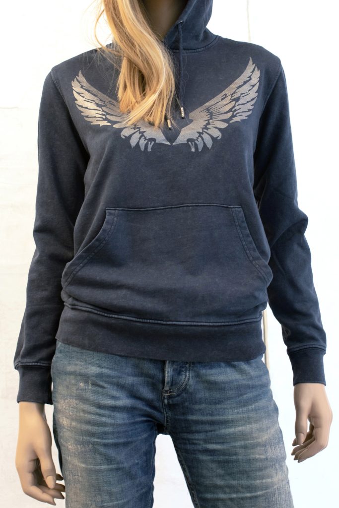 Hoodie stonewash jeans-blue met oud zilveren opdruk Angelwing of vleugel